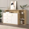Buffet 140 X 20 X 85 Avec 1 Porte, 3 Tiroirs, 2 Compartiments En Verre, Meuble De Rangement De Large Espace, Commode D’étagère Pour Salon Ou Cuisine, Blanc -Homcomes Boutique 100281796 1