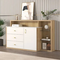 Buffet 140 X 20 X 85 Avec 1 Porte, 3 Tiroirs, 2 Compartiments En Verre, Meuble De Rangement De Large Espace, Commode D’étagère Pour Salon Ou Cuisine, Blanc