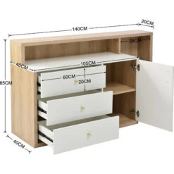 Buffet 140 X 20 X 85 Avec 1 Porte, 3 Tiroirs, 2 Compartiments En Verre, Meuble De Rangement De Large Espace, Commode D’étagère Pour Salon Ou Cuisine, Blanc -Homcomes Boutique 100281796 5