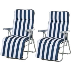 OUTSUNNY Lot De 2 Chaise Longue Bain De Soleil Adjustable Pliable Transat Lit De Jardin En Acier Bleu + Blanc