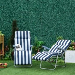 OUTSUNNY Lot De 2 Chaise Longue Bain De Soleil Adjustable Pliable Transat Lit De Jardin En Acier Bleu + Blanc -Homcomes Boutique 1476758 4
