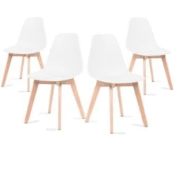 Chaises De Salle à Manger Blanches, Chaises Tulip Avec Dossier Ergonomique En Polypropylène Et Pieds En Bois, Design Scandinave, Pack De 4 Chaises