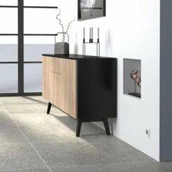 Bahut HOME 3 Portes 1 Tiroir / Noir Et Chêne Blanchi/ 180x42x80 Cm -Homcomes Boutique 21447605 3