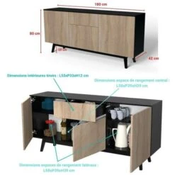 Bahut HOME 3 Portes 1 Tiroir / Noir Et Chêne Blanchi/ 180x42x80 Cm -Homcomes Boutique 21447605 4