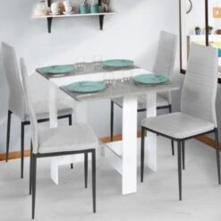 Table Console Pliable EDI 2-4 Personnes Blanche Plateau Effet Béton -Homcomes Boutique 23850934 5