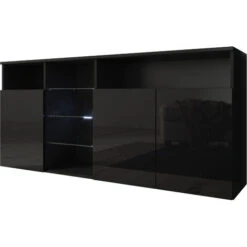 Buffet De Salon Bas 3 Portes Avec LED 150 X 70 X 35 Cm Couleur Noir Finition Brillante Meuble De Rangement Modèle CLARK