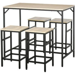 HOMCOM Ensemble Table De Bar Design Industriel + 4 Tabourets Repose-pieds Panneaux Particules Imitation Chêne Clair Métal Noir