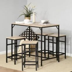 HOMCOM Ensemble Table De Bar Design Industriel + 4 Tabourets Repose-pieds Panneaux Particules Imitation Chêne Clair Métal Noir -Homcomes Boutique 29295926 4