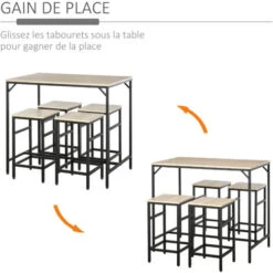 HOMCOM Ensemble Table De Bar Design Industriel + 4 Tabourets Repose-pieds Panneaux Particules Imitation Chêne Clair Métal Noir -Homcomes Boutique 29295926 5