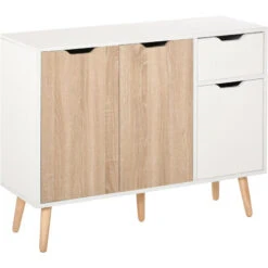HOMCOM Buffet Design Scandinave 2 Placards Tiroir Coulissant Pieds Bois Massif Pin Panneaux Particules Blanc Chêne Clair