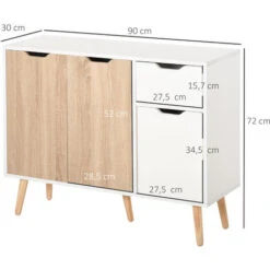 HOMCOM Buffet Design Scandinave 2 Placards Tiroir Coulissant Pieds Bois Massif Pin Panneaux Particules Blanc Chêne Clair -Homcomes Boutique 30813396 3