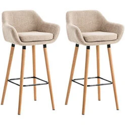 Lot De 2 Tabouret De Bar Similicuir - Chaise Haute De Bar Confortable Design Scandinave Avec Dossier Et Accoudoir, Beige