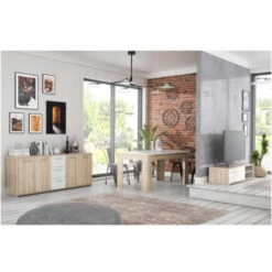 Pilvi Ensemble Meuble TV Buffet & Table A Manger - Blanc Mat Et Chene Sonoma