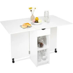 Table à Manger, Table à Manger Pliante Cuisine, Table Mobile à Feuilles Caduques, Blanc-Meerveil