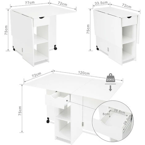 Table à Manger, Table à Manger Pliante Cuisine, Table Mobile à Feuilles Caduques, Blanc-Meerveil 6 Table à Manger, Table à Manger Pliante Cuisine, Table Mobile à Feuilles Caduques, Blanc-Meerveil – Image 4