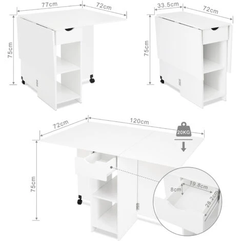 Table à Manger, Table à Manger Pliante Cuisine, Table Mobile à Feuilles Caduques, Blanc-Meerveil 7 Table à Manger, Table à Manger Pliante Cuisine, Table Mobile à Feuilles Caduques, Blanc-Meerveil – Image 5