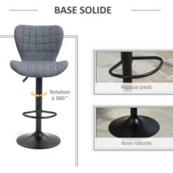 HOMCOM Lot De 2 Tabourets De Bar Design Dossier Incurvé Capitonné Hauteur D'assise Réglable 61-81 Cm Pivotant 360° Repose-pied Velours Gris 11 HOMCOM Lot De 2 Tabourets De Bar Design Dossier Incurvé Capitonné Hauteur D'assise Réglable 61-81 Cm Pivotant 360° Repose-pied Velours Gris -Homcomes Boutique 44092416 5