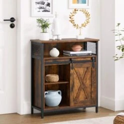 Songmics Meuble De Rangement, Buffet, Avec Porte, Compartiment Ouvert, étagère Réglable, Style Industriel, 70 X 30 X 80 Cm, Marron Rustique Et Noir