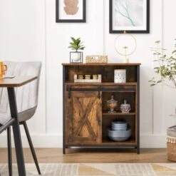 Songmics Meuble De Rangement, Buffet, Avec Porte, Compartiment Ouvert, étagère Réglable, Style Industriel, 70 X 30 X 80 Cm, Marron Rustique Et Noir -Homcomes Boutique 45295787 3