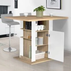 Ilot Central UGO 110 Cm Bois Blanc Et Imitation Hêtre Avec Rangements -Homcomes Boutique 45391574 3
