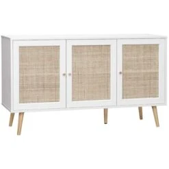 Buffet De Rangement En Cannage. Blanc 120x39x70cm - Bohème - 2 Niveaux. 3 Portes. Pieds Scandinaves