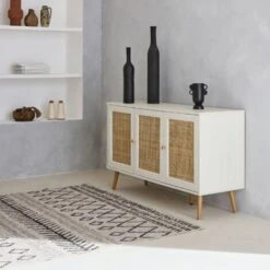 Buffet De Rangement En Cannage. Blanc 120x39x70cm - Bohème - 2 Niveaux. 3 Portes. Pieds Scandinaves -Homcomes Boutique 45850545 3
