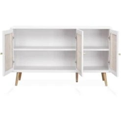 Buffet De Rangement En Cannage. Blanc 120x39x70cm - Bohème - 2 Niveaux. 3 Portes. Pieds Scandinaves -Homcomes Boutique 45850545 5