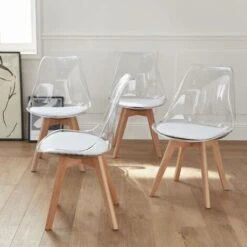 Lot De 4 Chaises Scandinaves - Lagertha - Pieds Bois, Fauteuils 1 Place, Coussin Blanc, Coque Transparente -Homcomes Boutique 48500750 3