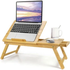 Table Pour Ordinateur Portable, Plateau De Lit Pliable, Bureau Réglable Avec Trous D'aération, Matériau: Bambou