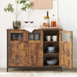 Songmics Buffet, Avec Placard 3 Portes, 100 X 35 X 75 Cm, Meuble De Rangement Pour Salle à Manger, Salon, Cuisine, Entrée, Cadre En Acier, Style Industriel, Marron Rustique Et Noir