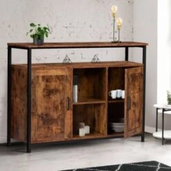 Buffet 2 Portes DAYTON Avec étagères Effet Vieilli Design Industriel -Homcomes Boutique 59142908 4