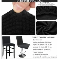 Housse De Chaise,Housse De Tabouret De Bar Avec Dossier Extensible Jacquard Imperméable Noir 2pcs -Homcomes Boutique 59801428 4