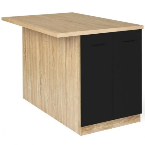 Ilot Central IVO 120 Cm Bois Façon Hêtre Portes Noires Avec Plan De Travail 3 Ilot Central IVO 120 Cm Bois Façon Hêtre Portes Noires Avec Plan De Travail