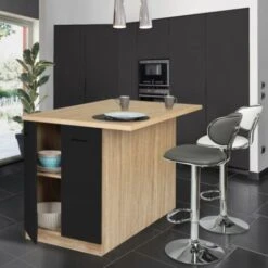 Ilot Central IVO 120 Cm Bois Façon Hêtre Portes Noires Avec Plan De Travail 10 Ilot Central IVO 120 Cm Bois Façon Hêtre Portes Noires Avec Plan De Travail -Homcomes Boutique 60618053 4