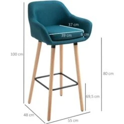 HOMCOM Tabourets De Bar Design Scandinave - Lot De 2 Tabourets De Bar Grand Confort Avec Repose-pieds Et Accoudoirs - Bois De Hêtre Lin Bleu Canard -Homcomes Boutique 60940337 3