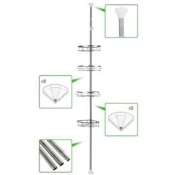 Aqrau Etagère De Douche Télescopique En Acier Inoxydable, Etagère D'angle Hauteur Réglable - 4 étagères(110-280cm ) -Homcomes Boutique 61270751 3