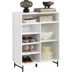 SoBuy Meuble D'entrée, Meuble De Rangement, Meuble à Chaussures, Buffet Avec Porte Coulissante En Verre, Commode à Chaussures, Meuble Latéral - Blanc, 70 X 34 X 90 Cm, FSB61-W