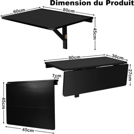 COSTWAY Table Pliante Cuisine/Table Rabattable Murale-Double Plateaux Pliable 80×60cm(L X L) Pour Entrée/Bureau/Cuisine-Noir 7 COSTWAY Table Pliante Cuisine/Table Rabattable Murale-Double Plateaux Pliable 80×60cm(L X L) Pour Entrée/Bureau/Cuisine-Noir – Image 5