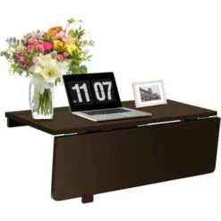 COSTWAY Table Pliante Cuisine/Table Rabattable Murale-Double Plateaux Pliable 80×60cm(L X L) Pour Entrée/Bureau/Cuisine-Marron
