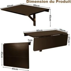 COSTWAY Table Pliante Cuisine/Table Rabattable Murale-Double Plateaux Pliable 80×60cm(L X L) Pour Entrée/Bureau/Cuisine-Marron -Homcomes Boutique 65695411 5