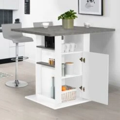 Ilot Central UGO 110 Cm Plateau Effet Béton Et Blanc Avec Rangements -Homcomes Boutique 66978823 3
