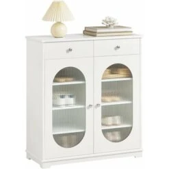 SoBuy FSB68-W Meuble à Chaussures, Meuble D'Entrée, Commode Meuble De Rangement, Armoire Latérale, Buffet, Avec 2 Tiroirs Et 2 Portes Vitrée, Blanc, 80 X 35 X 90 Cm