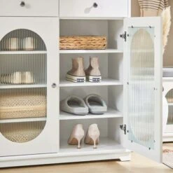 SoBuy FSB68-W Meuble à Chaussures, Meuble D'Entrée, Commode Meuble De Rangement, Armoire Latérale, Buffet, Avec 2 Tiroirs Et 2 Portes Vitrée, Blanc, 80 X 35 X 90 Cm -Homcomes Boutique 68566876 5