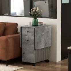 HOMCOM Table Pliable De Cuisine Salle à Manger - 2 Tiroirs, Placard, Niche - Panneaux Aspect Bois Béton Ciré Gris -Homcomes Boutique 70413011 5