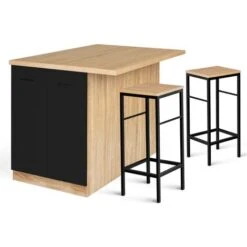 Ensemble Ilot Central IVO 120 Cm Bois Façon Hêtre Portes Noires Avec Plan De Travail Et 2 Tabourets DETROIT