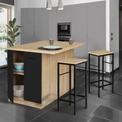 Ensemble Ilot Central IVO 120 Cm Bois Façon Hêtre Portes Noires Avec Plan De Travail Et 2 Tabourets DETROIT -Homcomes Boutique 71994567 3