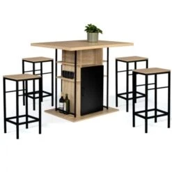 Ensemble Ilot Central 110 Cm Bois Noir Et Imitation Hêtre Avec Rangements Et 4 Tabourets Design Industriel