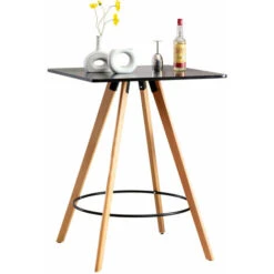 Table Haute De Bar Avec Plateau Carré Repose-pieds Style Scandinave En Bois Noir Hauteur 105 Cm