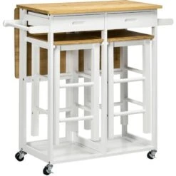 HOMCOM Ensemble Table De Bar Pliable Sur Roulettes Avec 2 Tiroirs - 2 Tabourets Inclus - Bois Bambou Verni Et Blanc