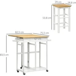 HOMCOM Ensemble Table De Bar Pliable Sur Roulettes Avec 2 Tiroirs - 2 Tabourets Inclus - Bois Bambou Verni Et Blanc -Homcomes Boutique 80247622 3